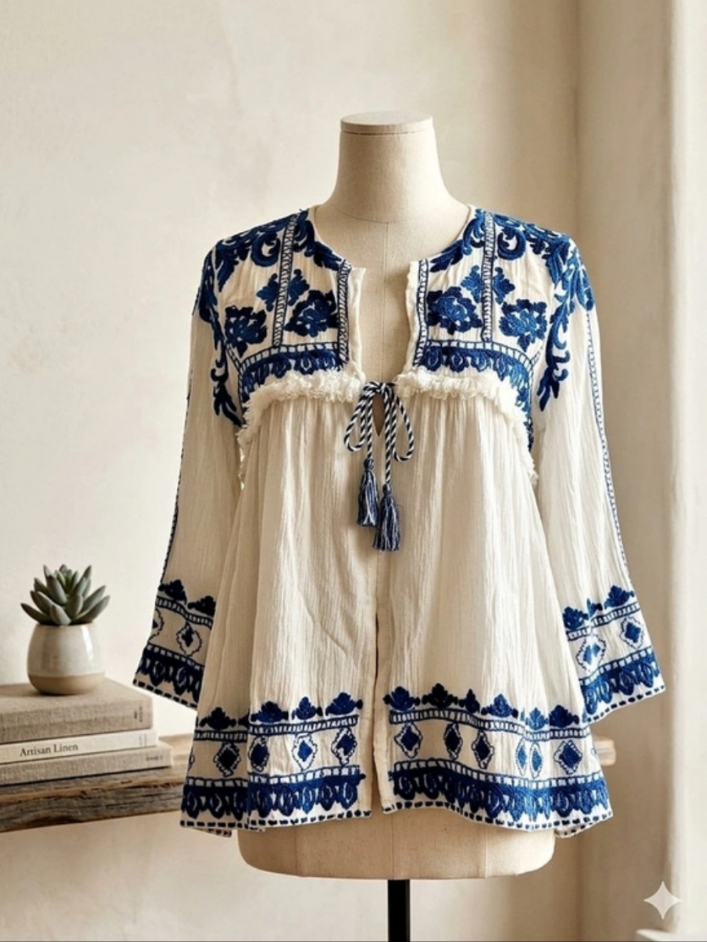 Embroidered Boho Tunic Top in Ivory and Navy